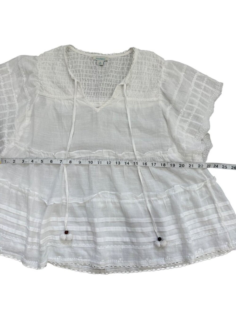 Sundance Women Size M Antonia Tiered White Top Cotton Oversized Smocked & Tassel - Picture 6 of 8